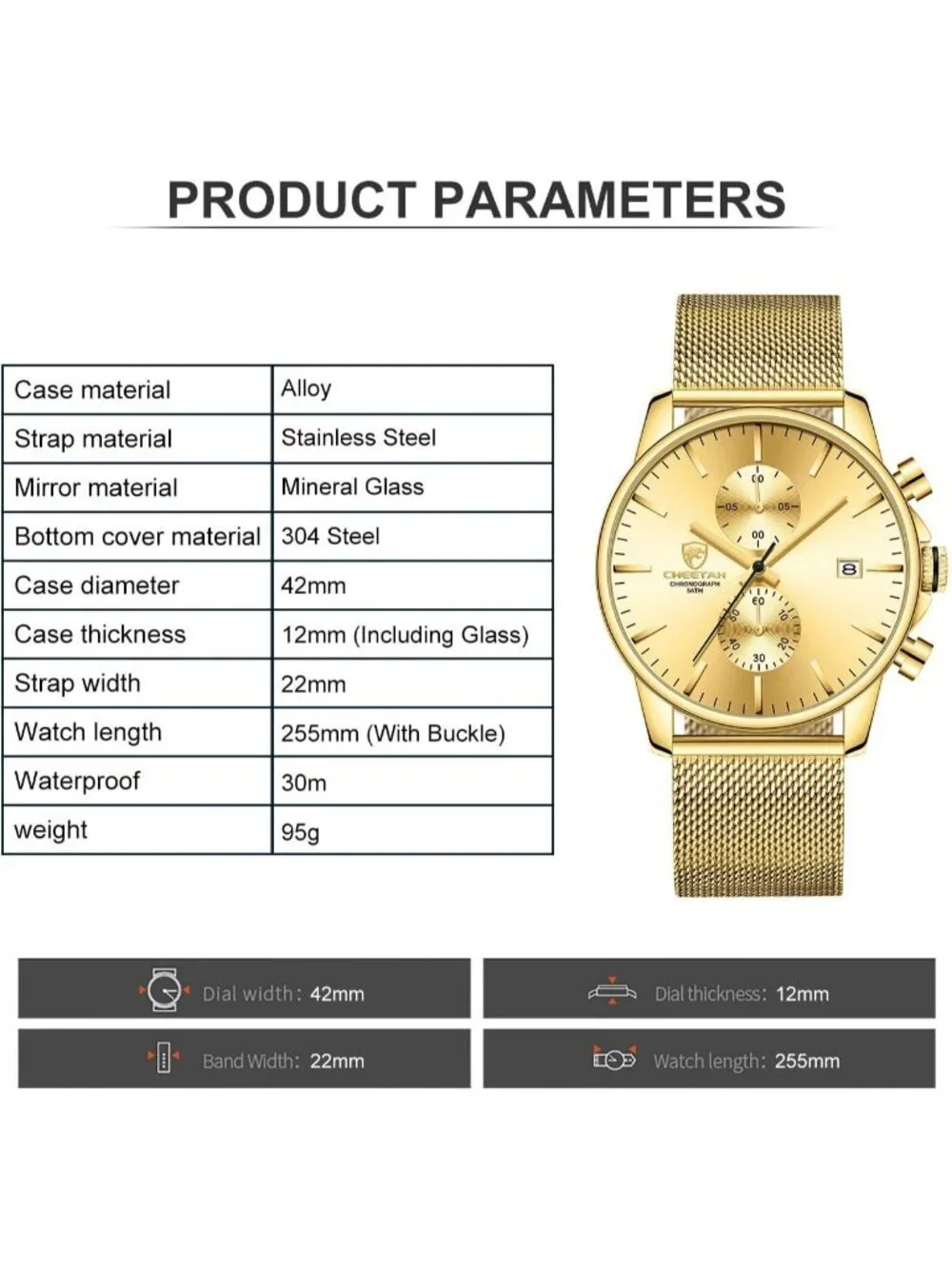 Men's Gold Quartz Analog Mesh Strap Stainless Steel Chronograph Round Watch